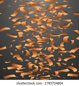 Celebration background template with gold confetti and gold ribbons on black background.
