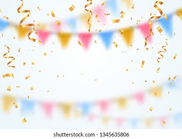 Celebration background template. Golden confetti falling down on white blurred background. Vector illustration