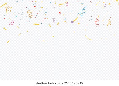 Celebration background template. Golden confetti falling isolated on transparent background. shiny gold ribbon confetti illustration