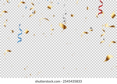 Modelo de plano de fundo de celebração. Confete dourado caindo isolado no fundo transparente. ilustração confete de fita de ouro brilhante