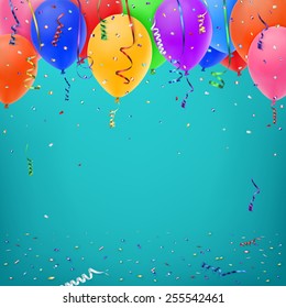 Celebration background template with konfetti, colorful ribbons and balloons. Vector illustration