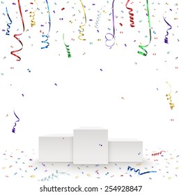 Celebration background template with pedestal, confetti and colorful ribbons. Vector illustration