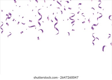 Modelo de plano de fundo de celebração com a ilustração Faixas de confetes roxas. Fundo feliz do dia com balões coloridos e confetes, ilustração. Folheto de celebração ou folheto .Feliz Ano Novo