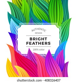 Celebration Background with Vibrant Colorful Feathers. White Frame on Rooster Tail Illustration. Vector Party Poster. Abstract Rainbow Banner.