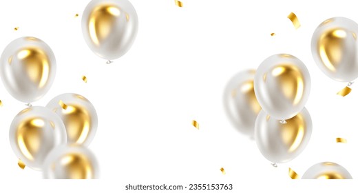 Celebration background with white balloons with elegantly arranged golden elements. Vector 3D illustration design