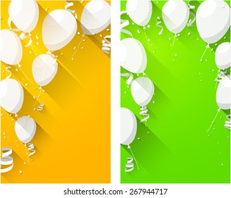 Fondos de celebración con globos planos y confeti. Ilustración vectorial. 