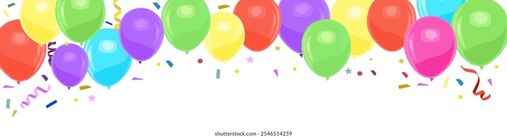 Celebration banner, background, border with colorful balloons, serpentine, confetti. Vector Design template for birthday, anniversary greeting card, party invitation.	