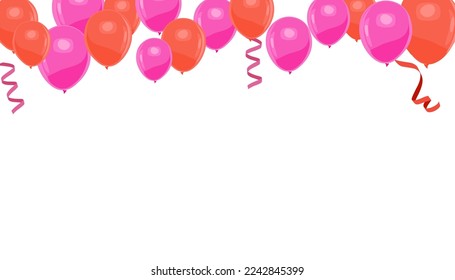 Banner de celebración, fondo, frontera con globos rojos y morados y serpentines. Diseño realista para el Día de San Valentín, Aniversario, Tarjeta de bienvenida de cumpleaños, invitaciones a fiestas. Ilustración del vector