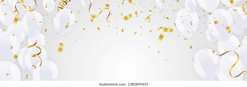 Celebration banner background with  confetti and white
 balloons and joyful mood. Christmas, New Year, birthday or wedding celebration