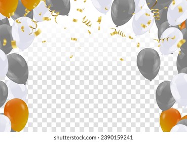 Celebration banner background with  confetti and  white yellow balloons and joyful mood. Christmas, New Year, birthday or wedding celebration
