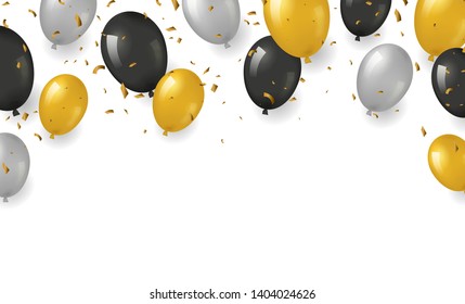 Celebration banner or background with realistic black, golden and silver helium balloons and confetti.