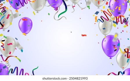 Celebration banner or background with realistic colorful helium balloons and confetti.
