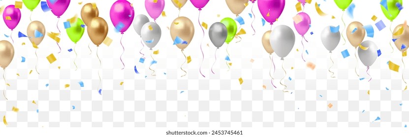 Anuncio de celebración con globos y confeti. Ilustración vectorial.