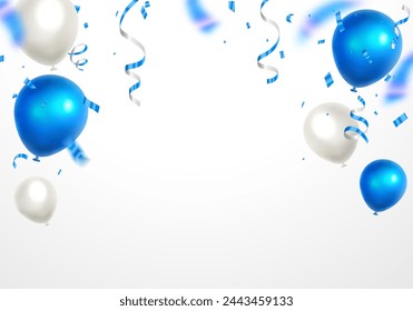 Celebration banner with blue and white confetti and balloons