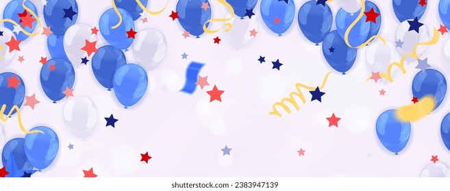 Celebration banner with  confetti and blue white balloons