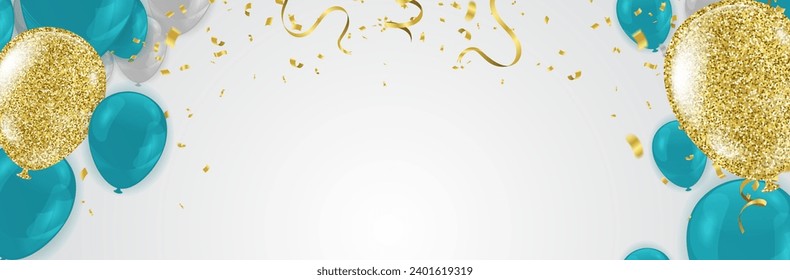 Celebration banner with  confetti and Gold blue balloons