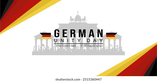 Celebration Banner of German Unity Day 3rd October 2024 Anniversary with Brandenburg Gate Silhouette on Abstract Gradient Flag Background. German Unification Vector Illustration and Background