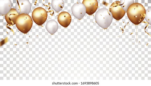 Celebration banner with gold confetti and balloons
