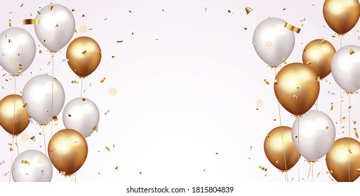 Celebration banner with gold confetti and balloons