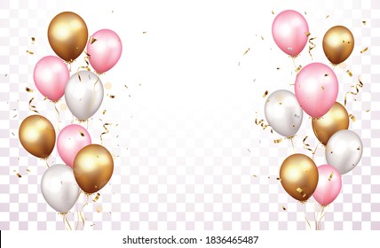 Celebration banner with gold confetti and balloons