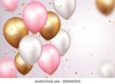 Celebration banner with gold confetti and balloons