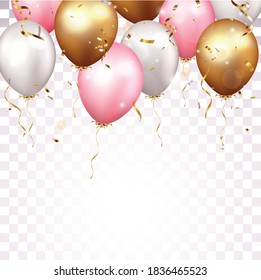 Celebration banner with gold confetti and balloons