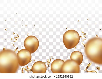 Celebration banner with gold confetti and balloons