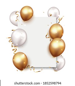 Celebration banner with gold confetti and balloons