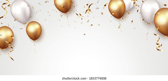 Celebration banner with gold confetti and balloons