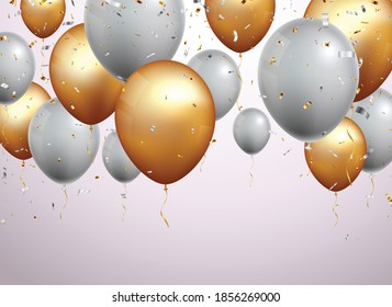 Celebration banner with gold confetti and balloons