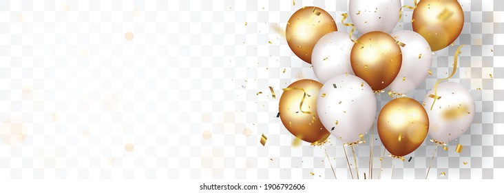 Celebration banner with gold confetti and balloons