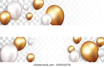 Cartel de celebración con confeti de oro y globos, ilustración 3d