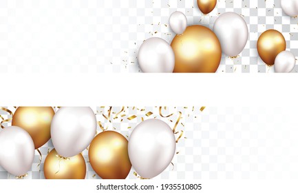 Celebration banner with gold confetti and balloons, 3d illustration