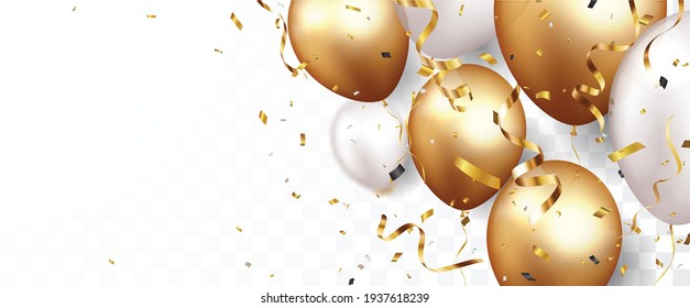 Celebration banner with gold confetti and balloons