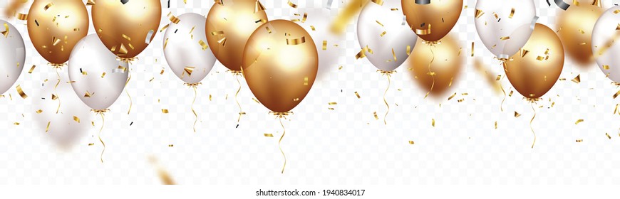 Celebration banner with gold confetti and balloons