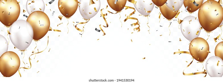 Celebration banner with gold confetti and balloons, isolated on transparent backgroound