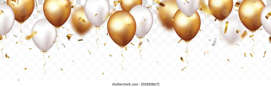 Celebration banner with gold confetti and balloons, isolated on transparent backgroound