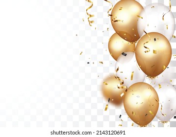 Celebration banner with gold confetti and balloons, isolated on transparent background