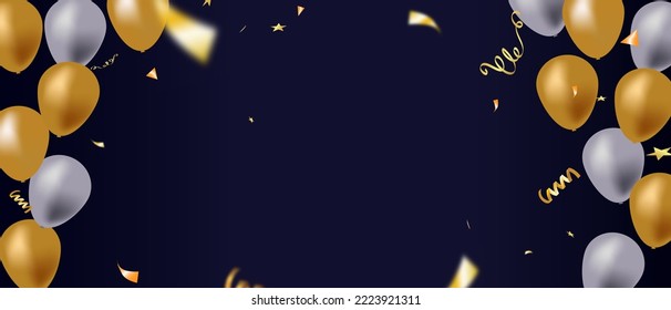 Celebration banner with gold confetti and balloons on blue background, Copy space. Vector illustration