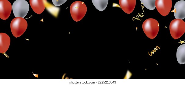 Celebration banner with gold confetti and balloons on black background, Copy space. Vector illustration