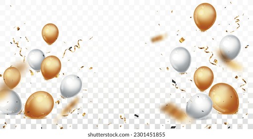 Celebration banner with gold confetti and balloons