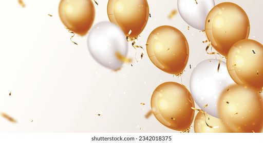 Celebration banner with gold confetti and balloons