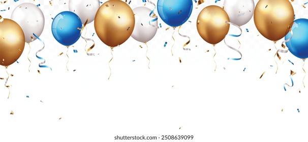 Celebration banner with gold confetti and balloons