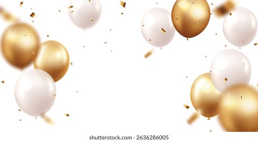 Celebration banner with gold confetti and balloons, for happy Birthday greeting card, banner, and template backgrounds