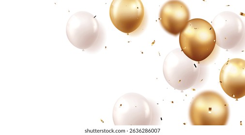 Celebration banner with gold confetti and balloons, for happy Birthday greeting card, banner, and template backgrounds