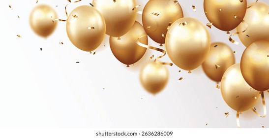 Celebration banner with gold confetti and balloons, for happy Birthday greeting card, banner, and template backgrounds