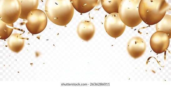 Celebration banner with gold confetti and balloons, for happy Birthday greeting card, banner, and template backgrounds