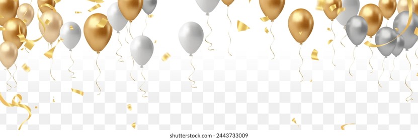 Banner de celebración con globos de oro y plata y confeti. Ilustración vectorial.