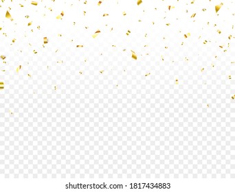 Celebration banner with golden confetti. Shiny party background. Glitter gold confetti falling on transparent background. Bright festive tinsel. Luxury holiday design elements. Vector illustration.