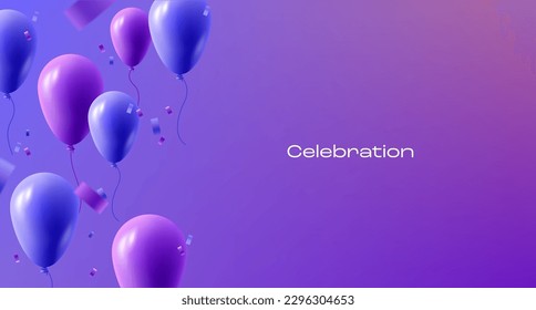 Cartel de celebración con globos de aire morado y azul con afiche de interpretación en 3d